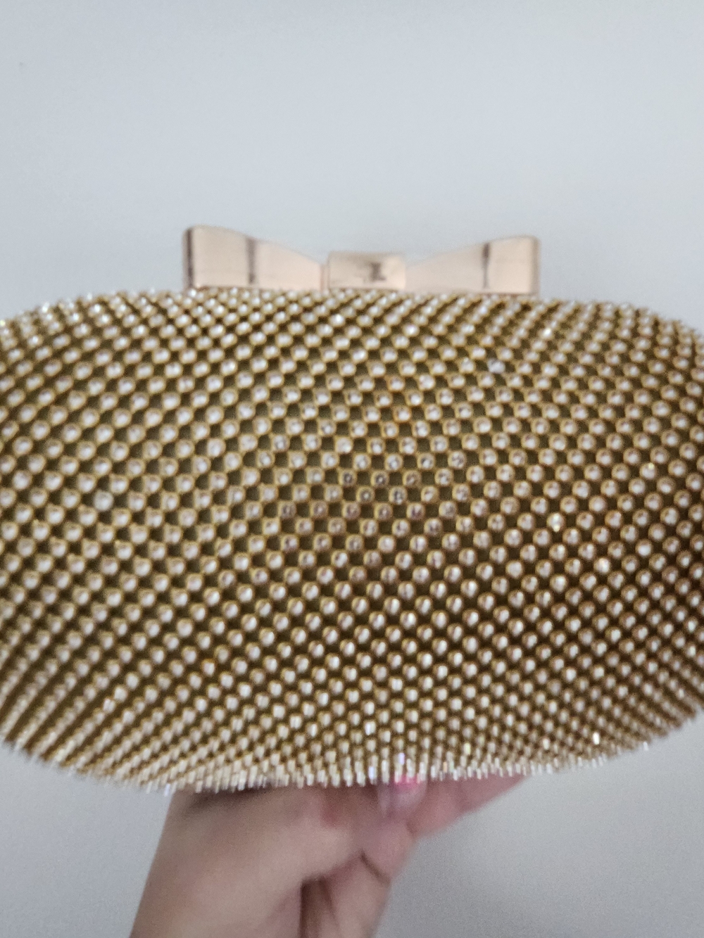 Gold Crystal-Studded Evening Clutch with Bow Accent